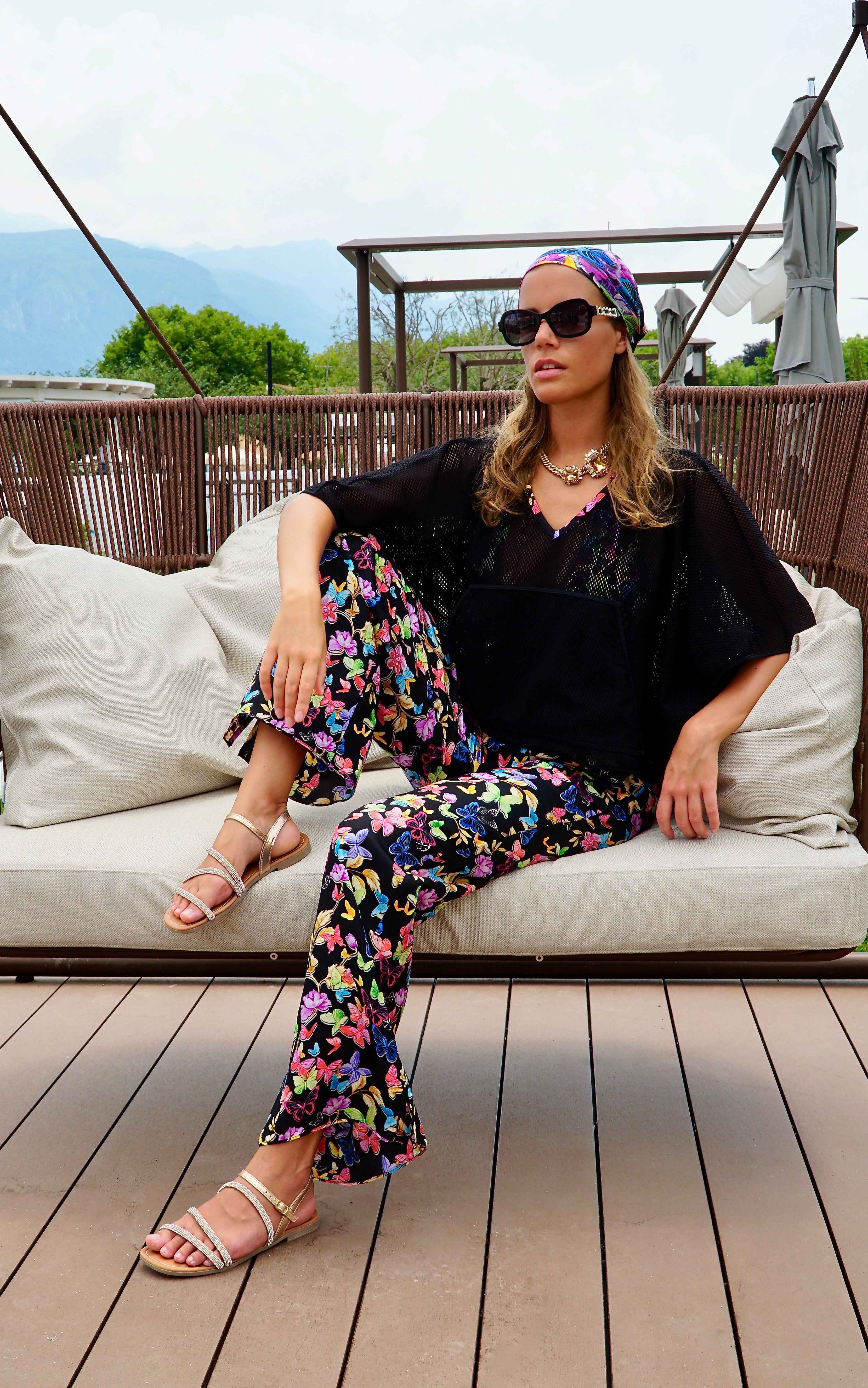 Silk twill Scarf in Black Butterfly, Made In Italy