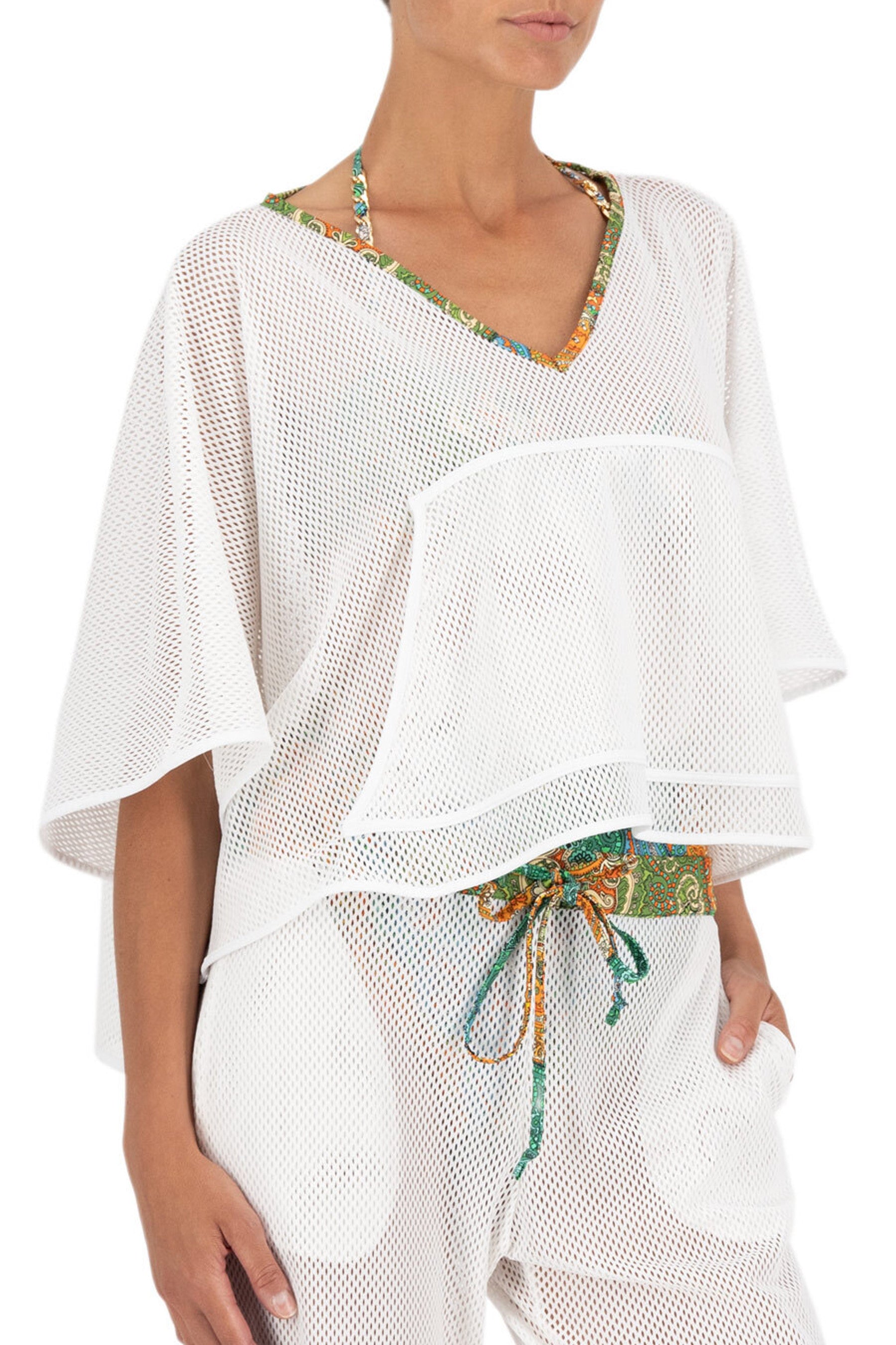 Firenze Cape Top with Utility Pocket in wht/Aqua Jewels