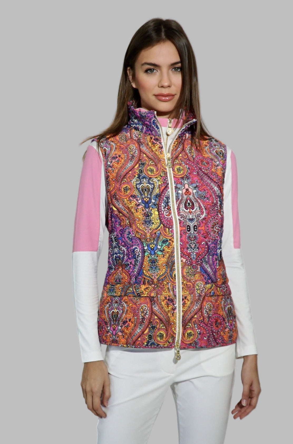 Flavia Vest in Pink Paisley jewels- Quilted Lycra inner Nylon windbreaker