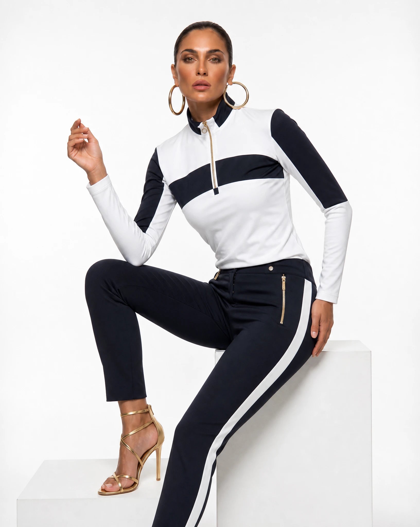 Alessa Long Sleeve Top in White-Black Italian Jersey