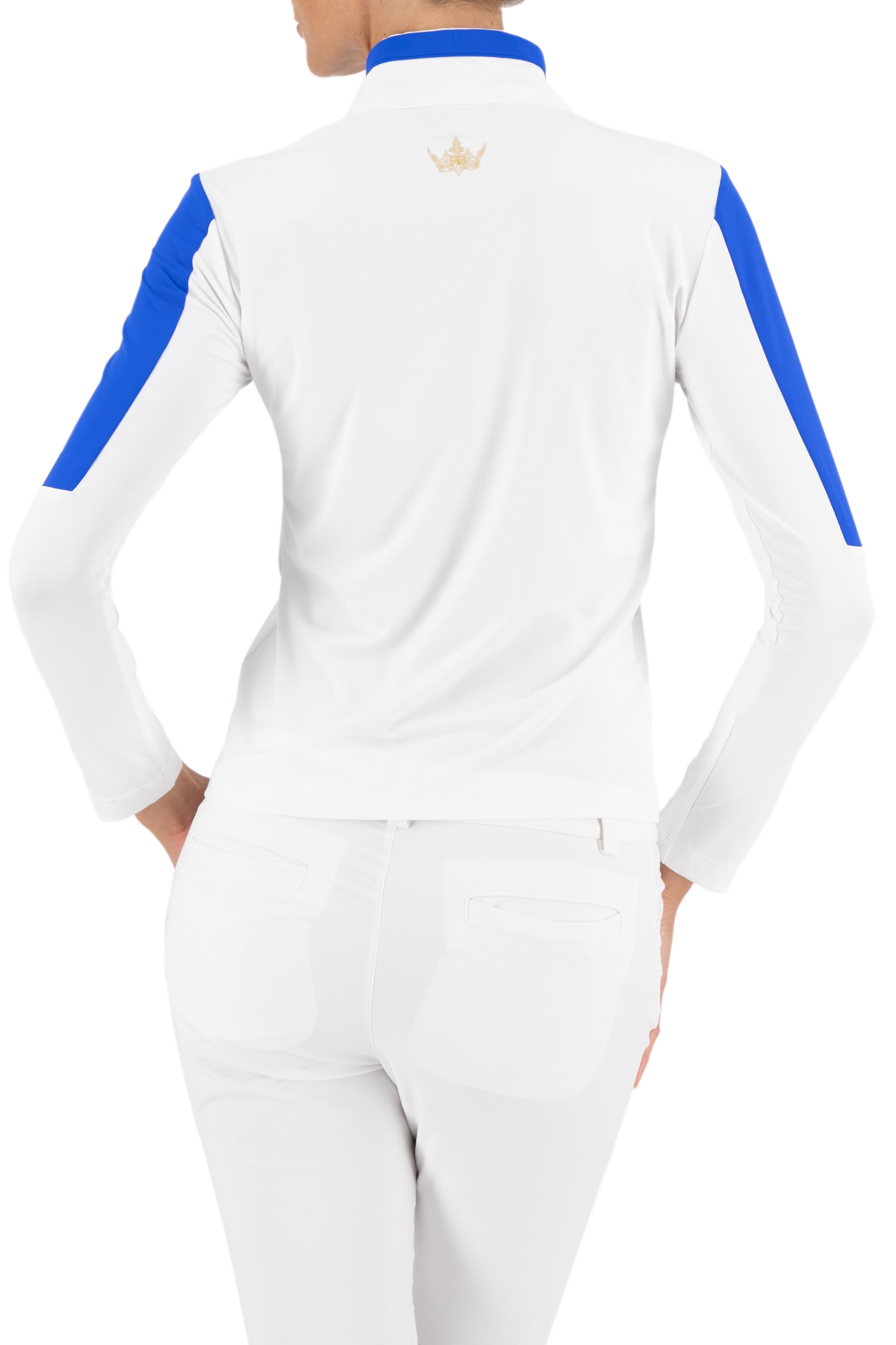 Alessa Long Sleeve 1/4 Zip Top in White/Sardegana Blue