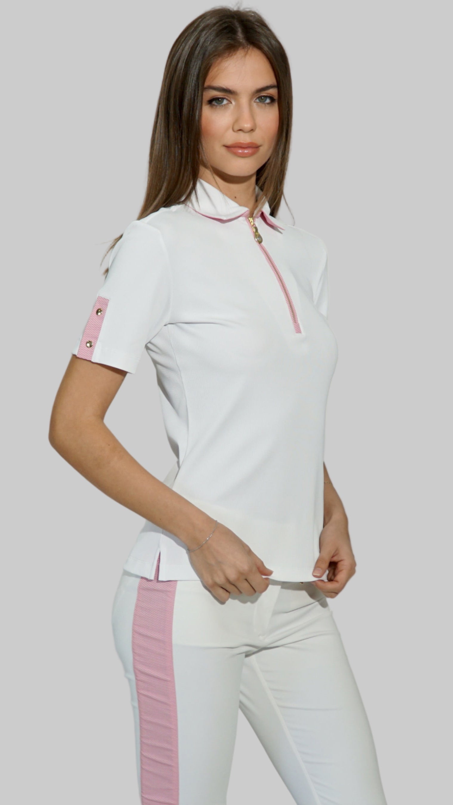 Tiama Short Sleeve Top in White/Pink Pebble jacquard
