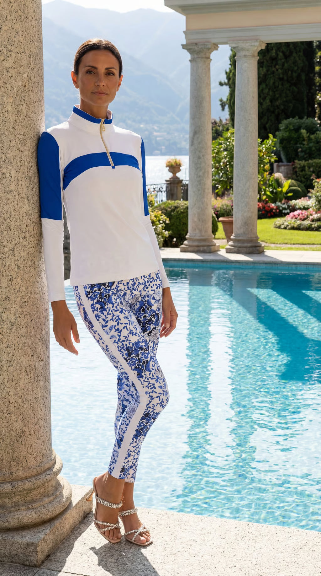 Alessa Long Sleeve Top in White-Sardegana Blue