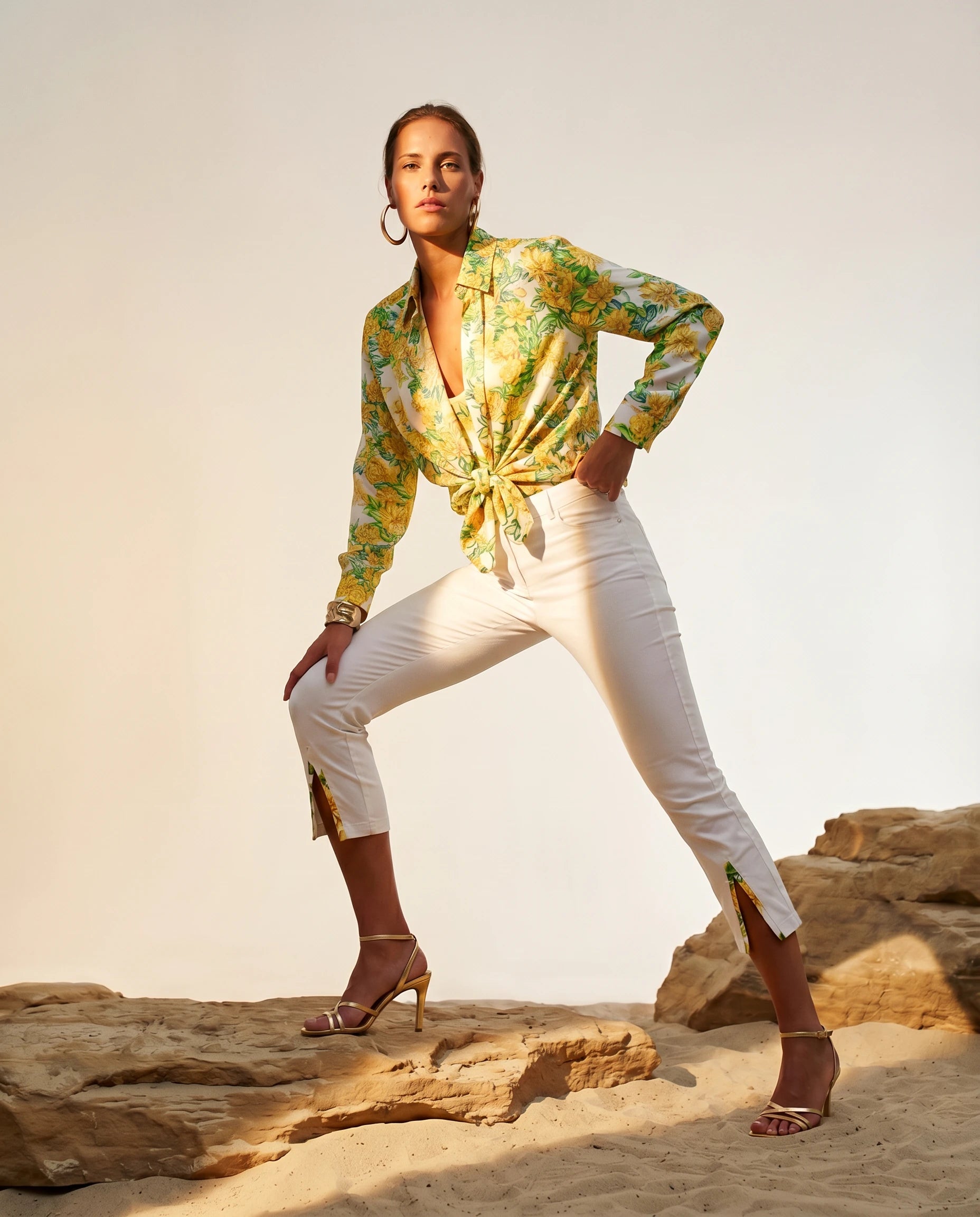 Gina Pant in white-Yellow Fiore plaster trim