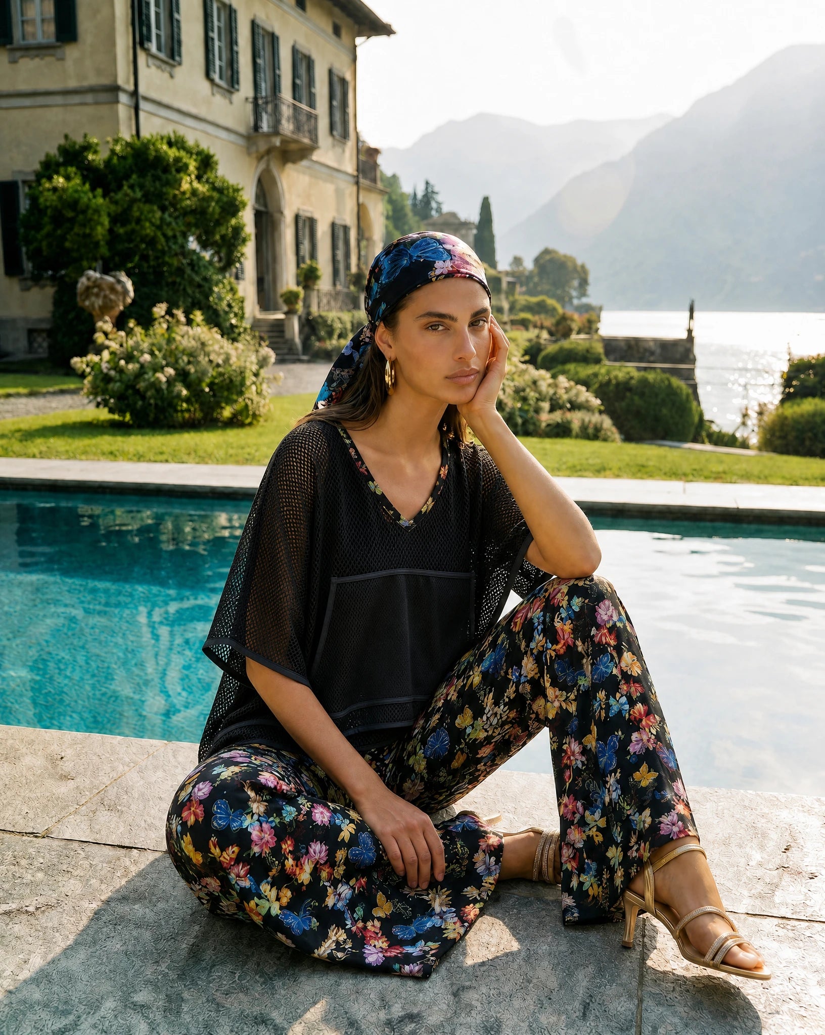 Portofino Silk Pant in Black Multi Butterfly