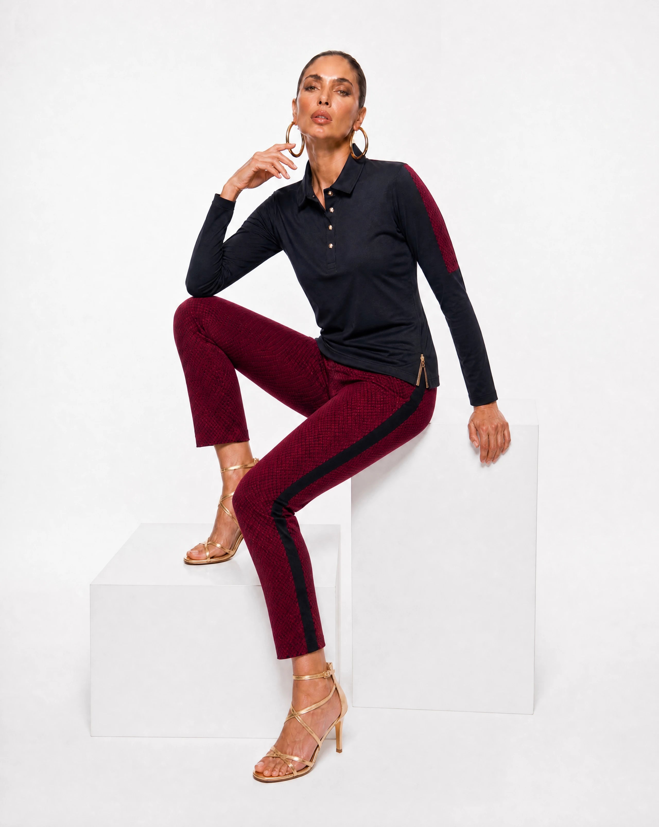 CATERINA Cargo Ankle Pant in cranberry piazetta jacquard