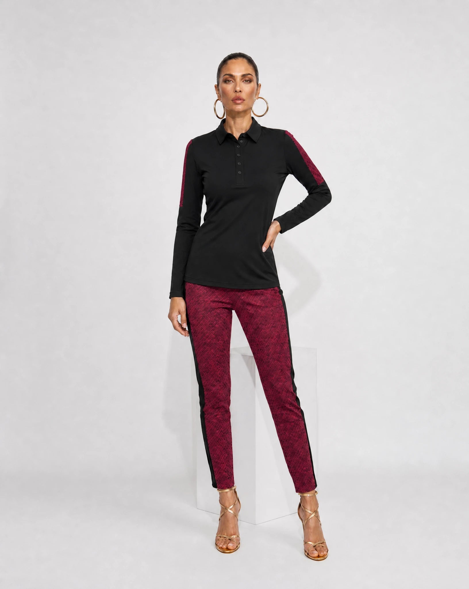 CATERINA Cargo Ankle Pant in cranberry piazetta jacquard