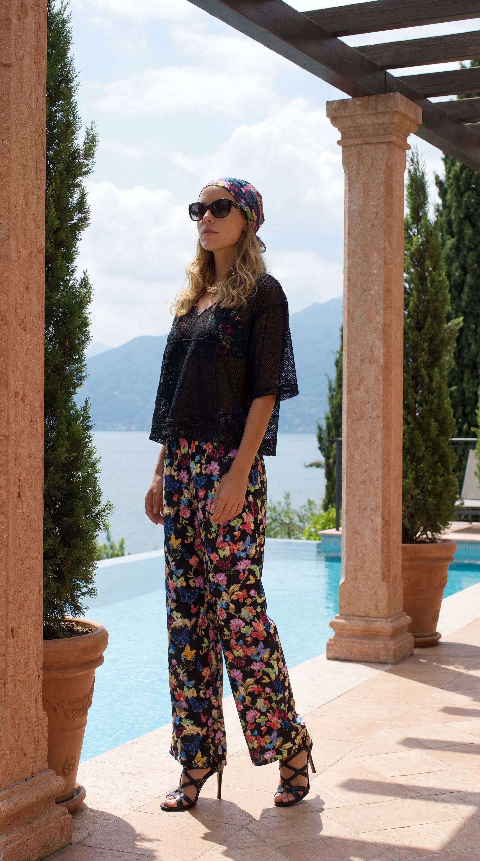 Portofino Silk Pant in Black Multi Butterfly