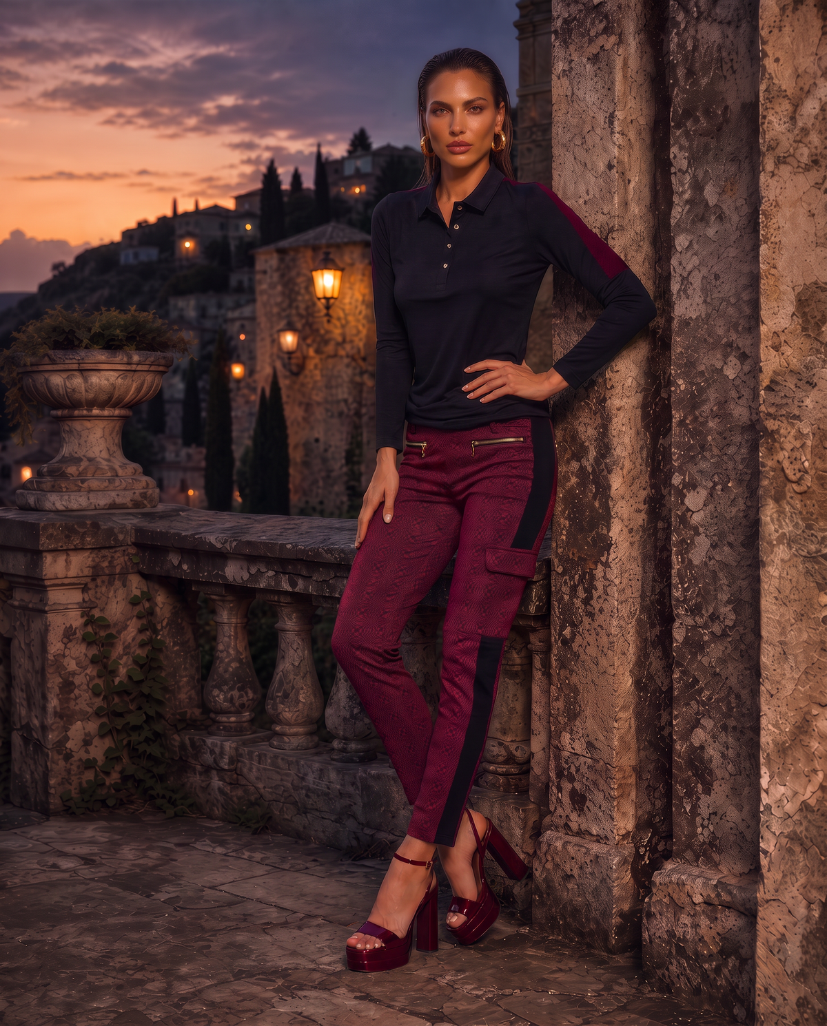 CATERINA Cargo Ankle Pant in cranberry piazetta jacquard