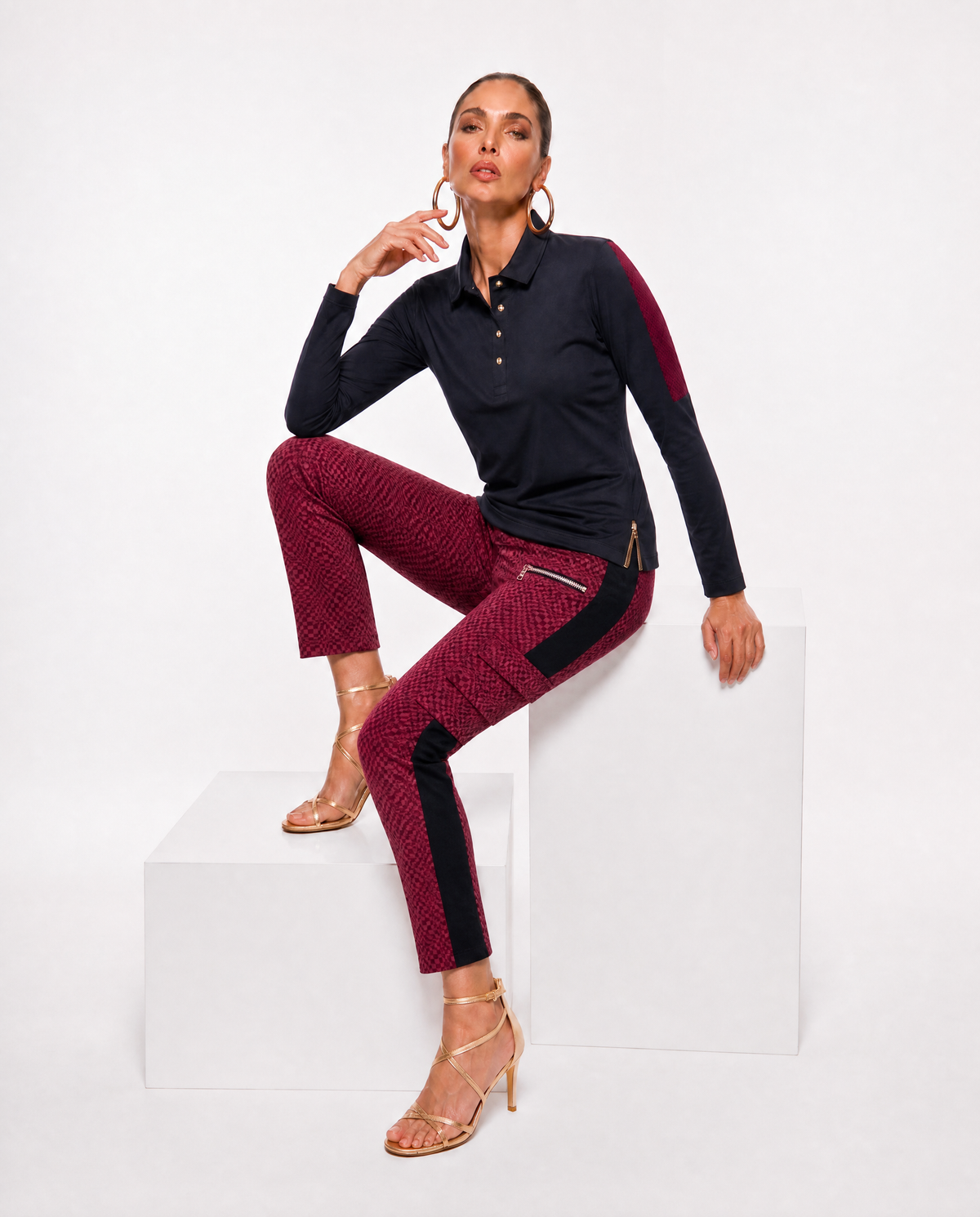 CATERINA Cargo Ankle Pant in cranberry piazetta jacquard